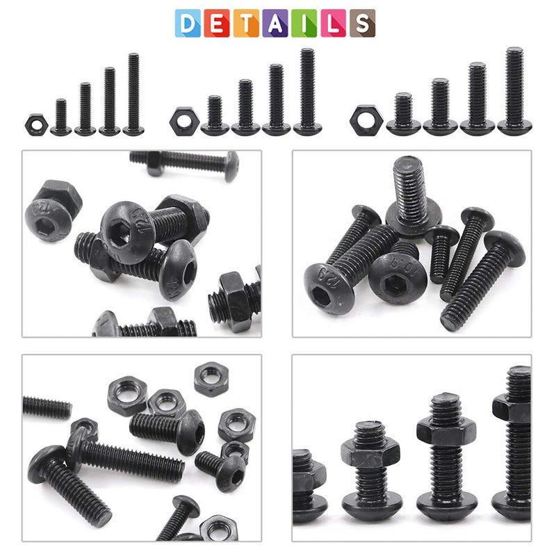 Glarks 510Pcs M3 M4 M5 Alloy Steel Button Head Socket Cap Bolts Screws with Nuts Assortment Kit, Black Oxide Finish(Button Head) - Image 4